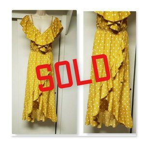 Mustard Yellow High Low Ruffle Polka Dots Dress, S